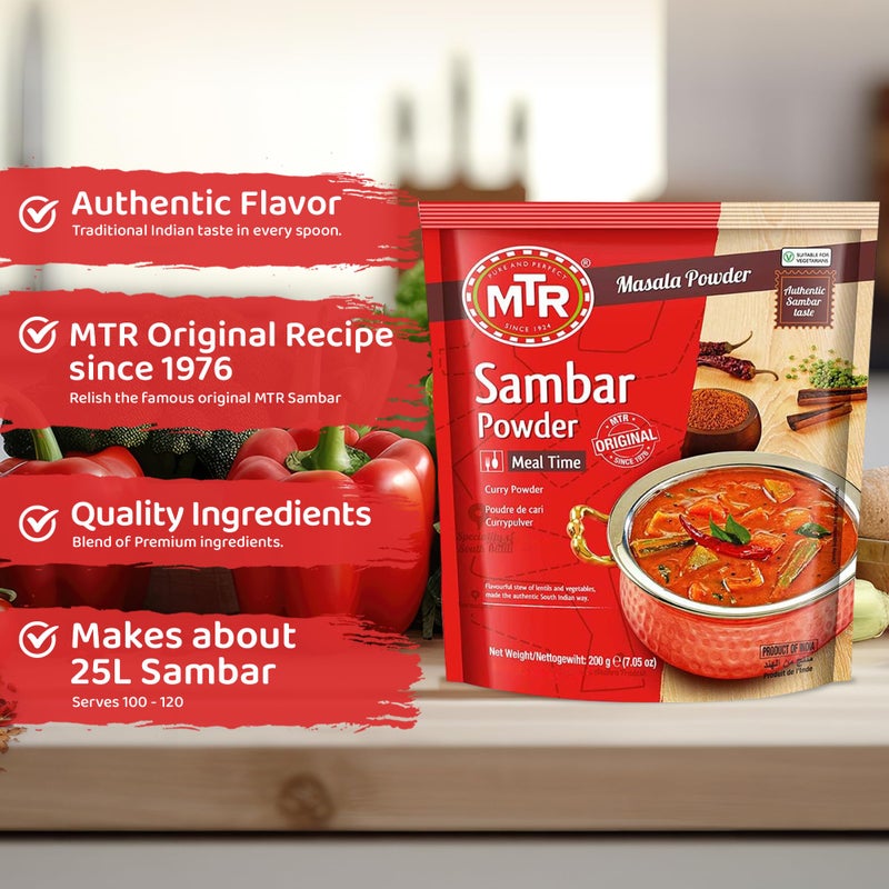 MTR Sambar Ready Mix - Authentic Indian Curry Powder Blend of Turmeric, Red Chili, Fenugreek & Asafoetida - Great Aroma & Flavor - Perfect for Flavorful Sambar Broth - 200g - Image 2